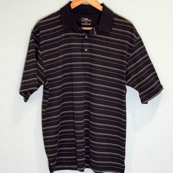 PGA Tour Black White Striped Short Sleeve Polo‎ Shirt Size Large - Picture 1 of 5